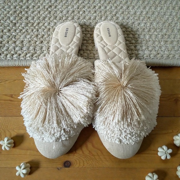 Birdies Songbird Pom Pom Linen Fabric Crème Slides Ballet Flats Mules Size 7.5 - Picture 10 of 11